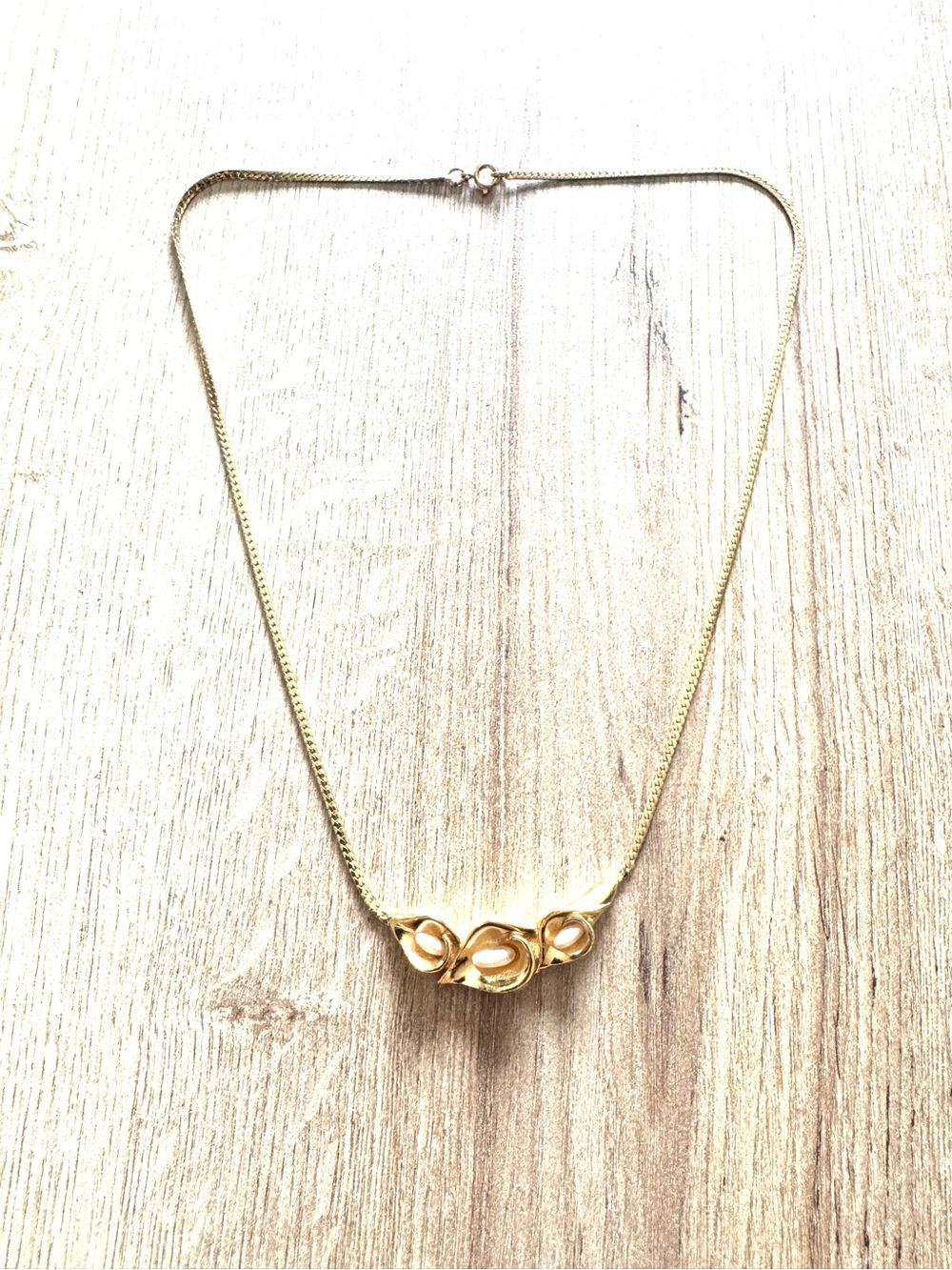 Vintage Gold Filled Triple Calla Lily Pearl Necklace.